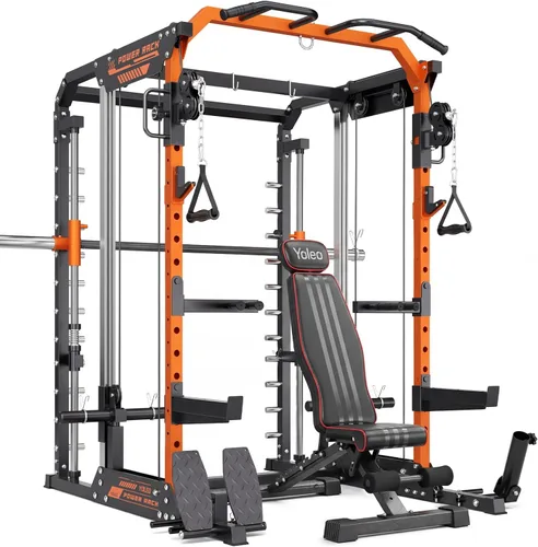 Vista 9 de YOLEO Smith Machine & Squat Rack Combo, Multi-Functional Power Racks with Adjustable Width & Pull-Up Bar, Cable Crossover Power Cage, Independent
