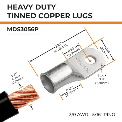 Vista 100 de SELTERM 5 piezas terminales de cable de cobre estañado 1/0 AWG perno de 1/2", extremos de cable de batería, terminales de anillo, conectores