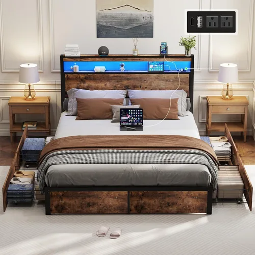 Vista 12 de SADENICEL Base de cama Queen con cabecera de almacenamiento y 2 cajones, marco de cama de plataforma de metal con luz LED, estación de carga,