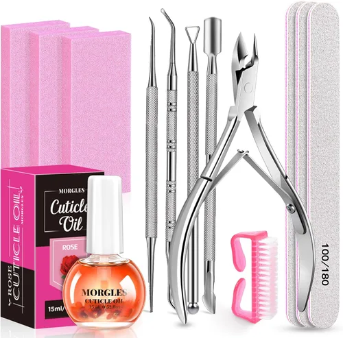 Vista 9 de Lima de uñas y bufandas, kit de preparación de uñas MORGLES con tablas de esmeril, herramientas para quitar cutículas, aceite de aloe para cutículas