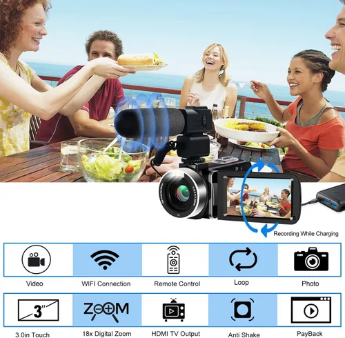 Vista 4 de Cámara de video 4K, videocámara 48MP Ultra HD WiFi Vlogging Cámara para YouTube 18X Zoom 3.0 "Pantalla táctil Cámara digital con micrófono