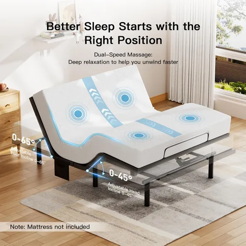 Vista 3 de Pipishell - Base de cama ajustable tamaño Queen con masaje, base de cama eléctrica con inclinación de la cabecera y las patas, puertos USB-A