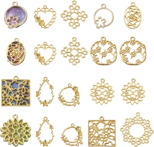 Vista 22 de Cheriswelry Colgantes de bisel de aleación de oro surtidos con parte trasera abierta, diseño de hoja de flor, corazón, metal, marco hueco, molde