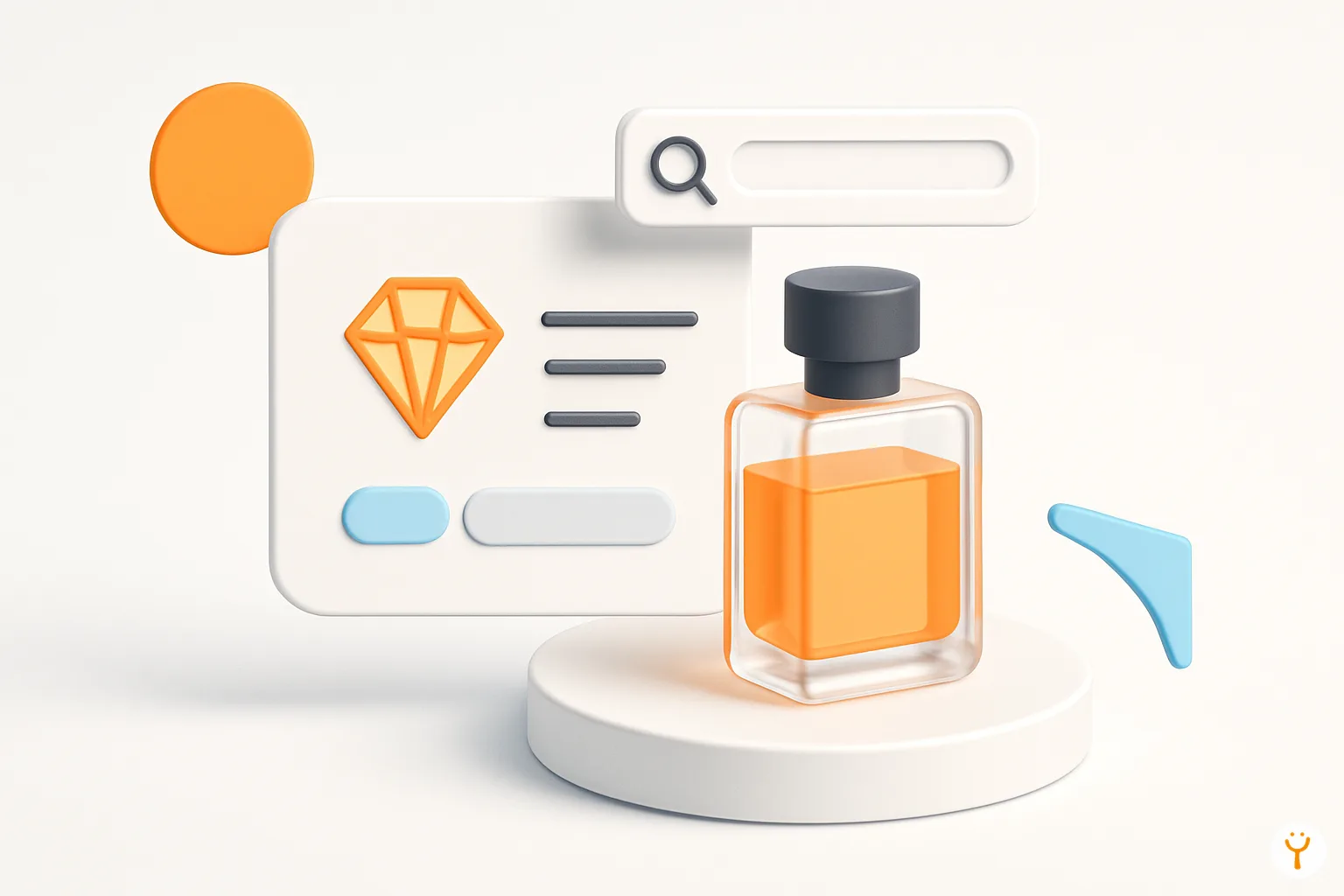 Frascos de perfume elegantes sobre fondo claro con acentos en naranja y azul