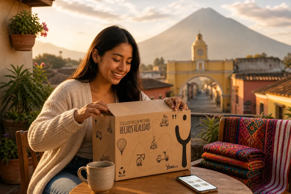 Compras online en Guatemala con Yaxa: paquete entregado frente al Arco de Santa Catalina en Antigua Guatemala