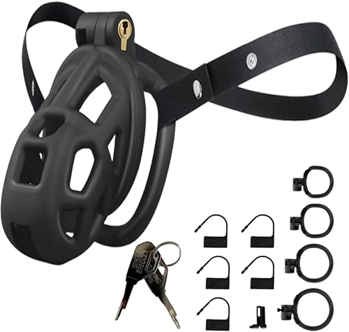 8. Jaula de castidad masculina con cinturón elástico y bloqueo invisible, 4 tamaños de anillo de bola, jaula de pene grande ultraligera para un ajuste