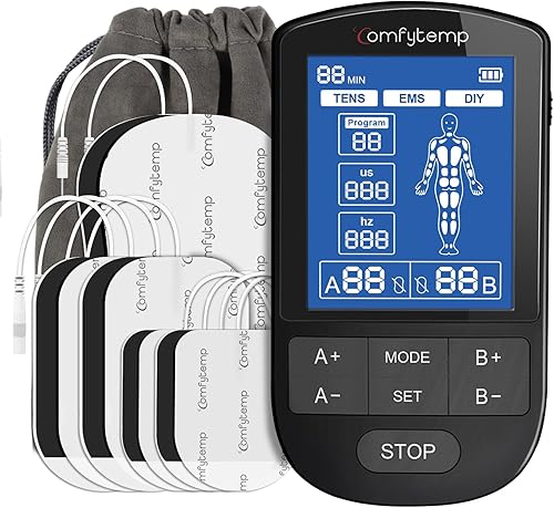 Comfytemp Unidad TENS - Estimulador muscular para terapia de alivio del dolor, máquina TENS con 24 modos y DIY, unidad EMS de doble canal