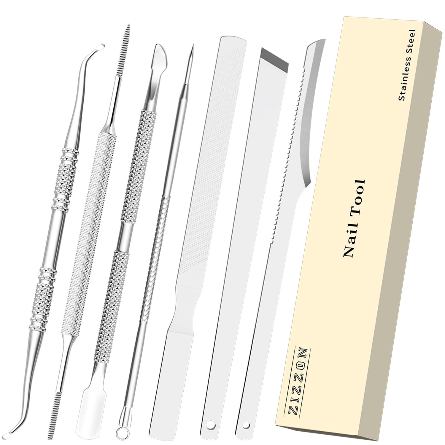 27. ZIZZON Juego de 7 limas y levantadores de uñas encarnadas, kit de eliminación de uñas encarnadas de acero inoxidable, herramientas de pedicura