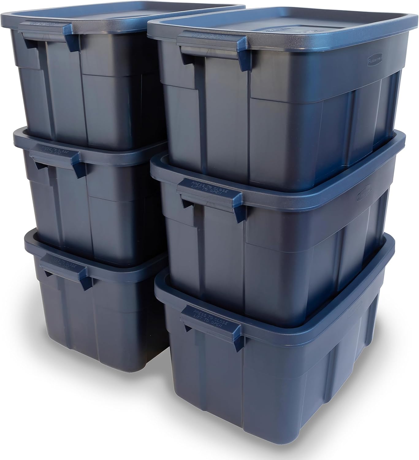 16. Rubbermaid Roughneck Tote - Paquete de 6 unidades, 14 galones, fabricado en Estados Unidos, color índigo oscuro metálico, contenedores