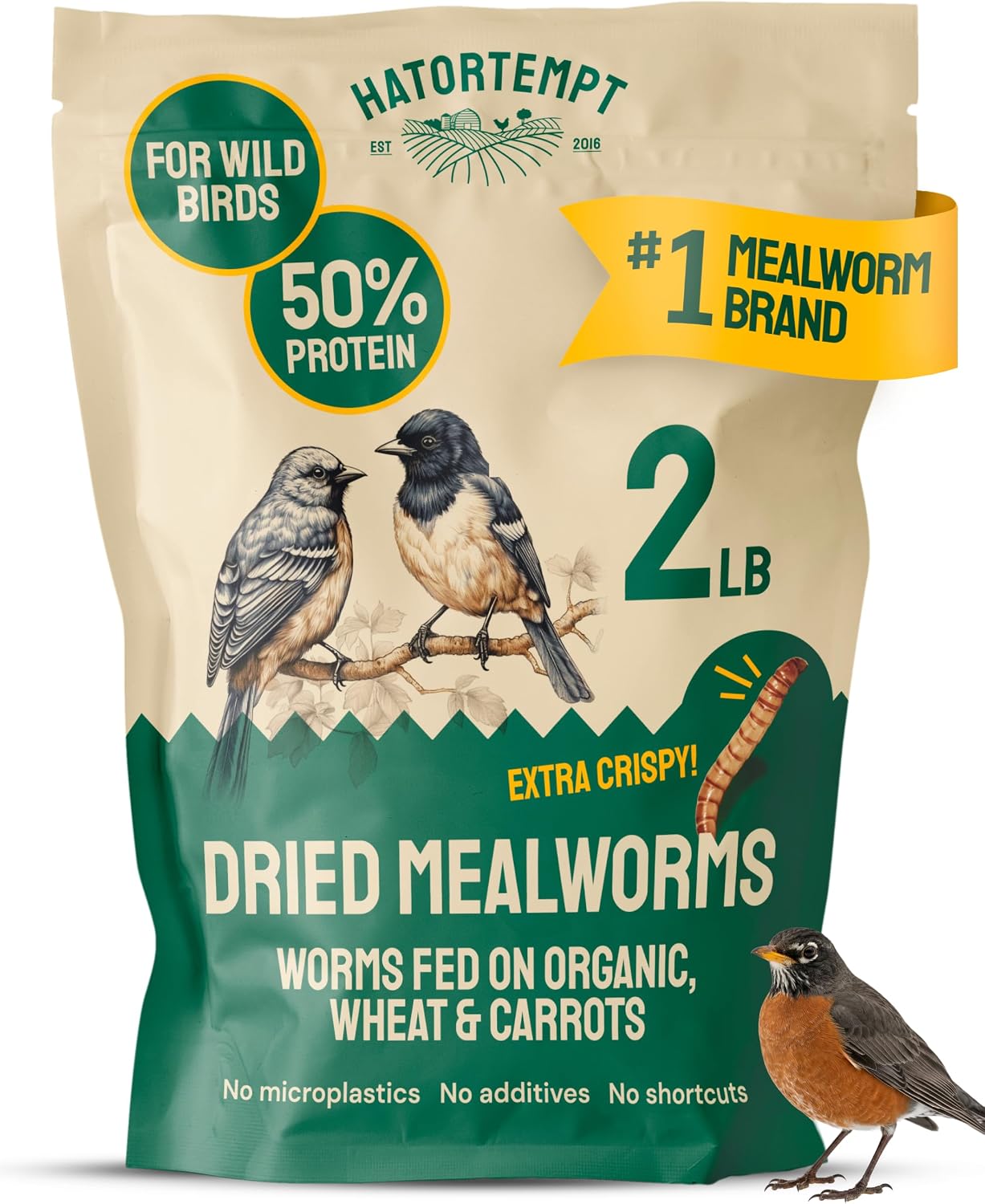 Hatortempt Gusanos de harina secos de 2 libras para aves silvestres y pollos, alimento orgánico prémium sin OMG - Gusanos nutritivos de comida secos