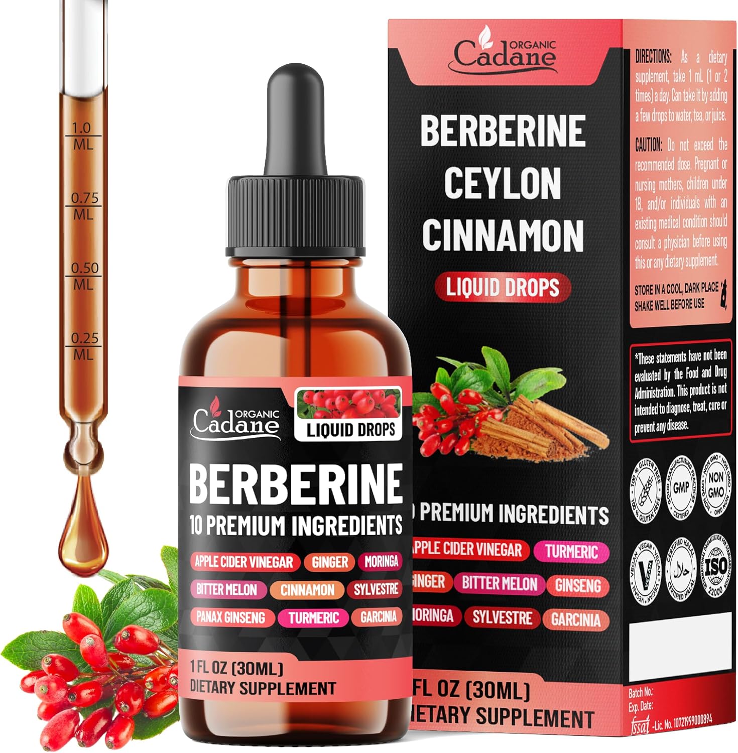Gotas líquidas de berberina 10 en 1 – Apoyo a la salud cardíaca con canela de Ceilán, melón amargo, cúrcuma, ginseng, Gymnema Sylvestre, Garcinia