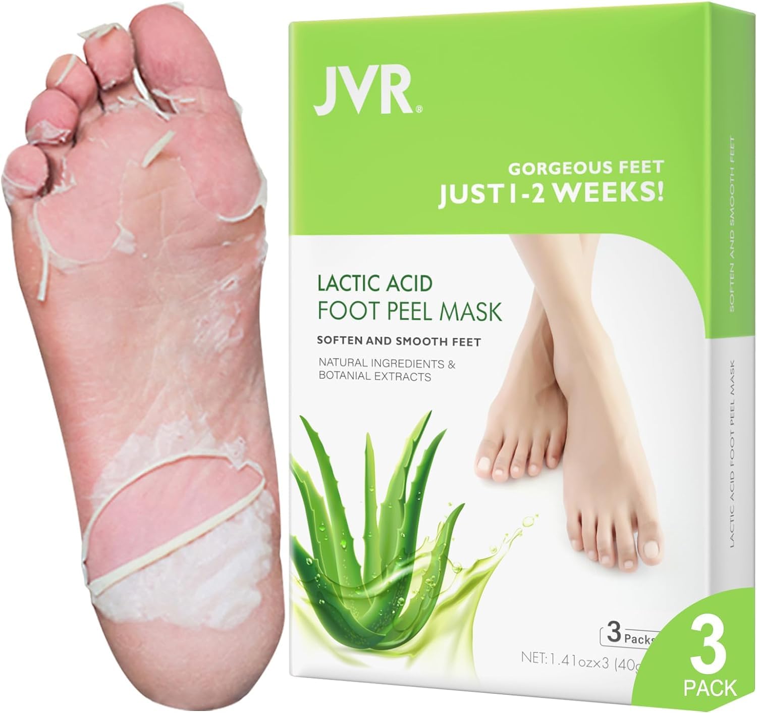 4. JVR Mascarilla exfoliante para pies, 3 pares, removedor de callos exfoliante, suaviza los talones ásperos, agrietados y la piel seca, para pies más