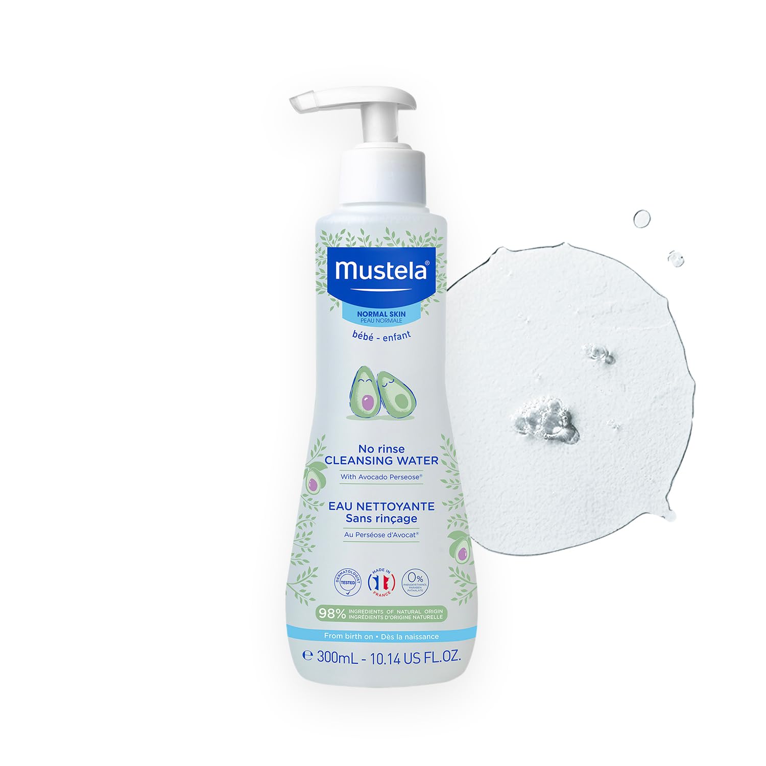 8. Mustela Agua limpiadora para bebés, agua micelar sin enjuague, con aguacate natural y aloe vera, para cara, cuerpo y pañal del bebé, paquete de 1