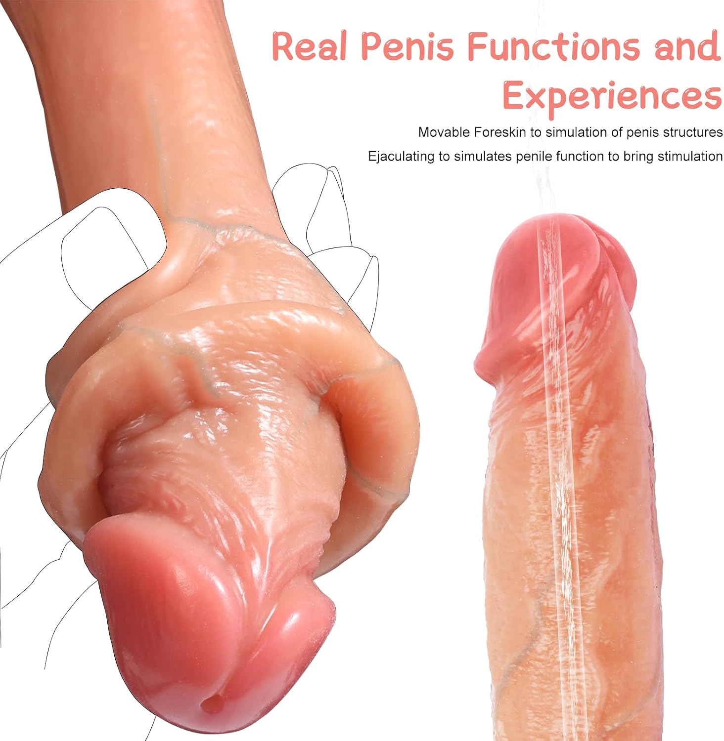 2. Consoladore realista con prepucio móvil y eyaculador, 2 en 1 consolador con correa de silicona con prepucio y pene que eyacula con ventosa, pene que