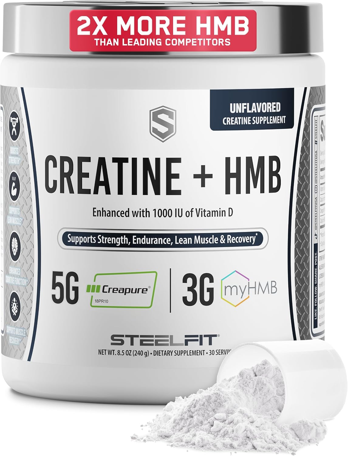 9. SteelFit Creatine HMB Powder - 0.18 oz Creapure Creatine Monohidrato en polvo, 0.11 oz myHMB y 1000 UI de vitamina D - Suplemento de entrenamiento
