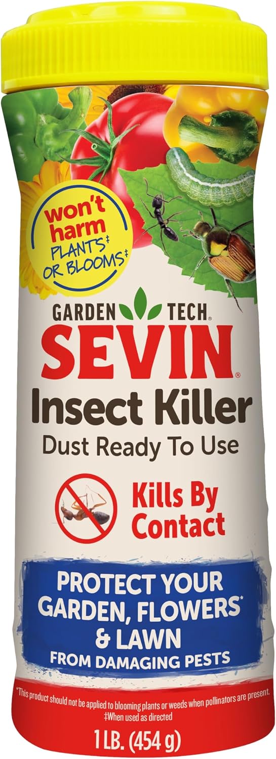 Polvo Insecticida Sevin 1 Libra Polvo listo para usar, mata por contacto, más de 150 insectos enumerados en jardín, flores y césped, mata pulgones