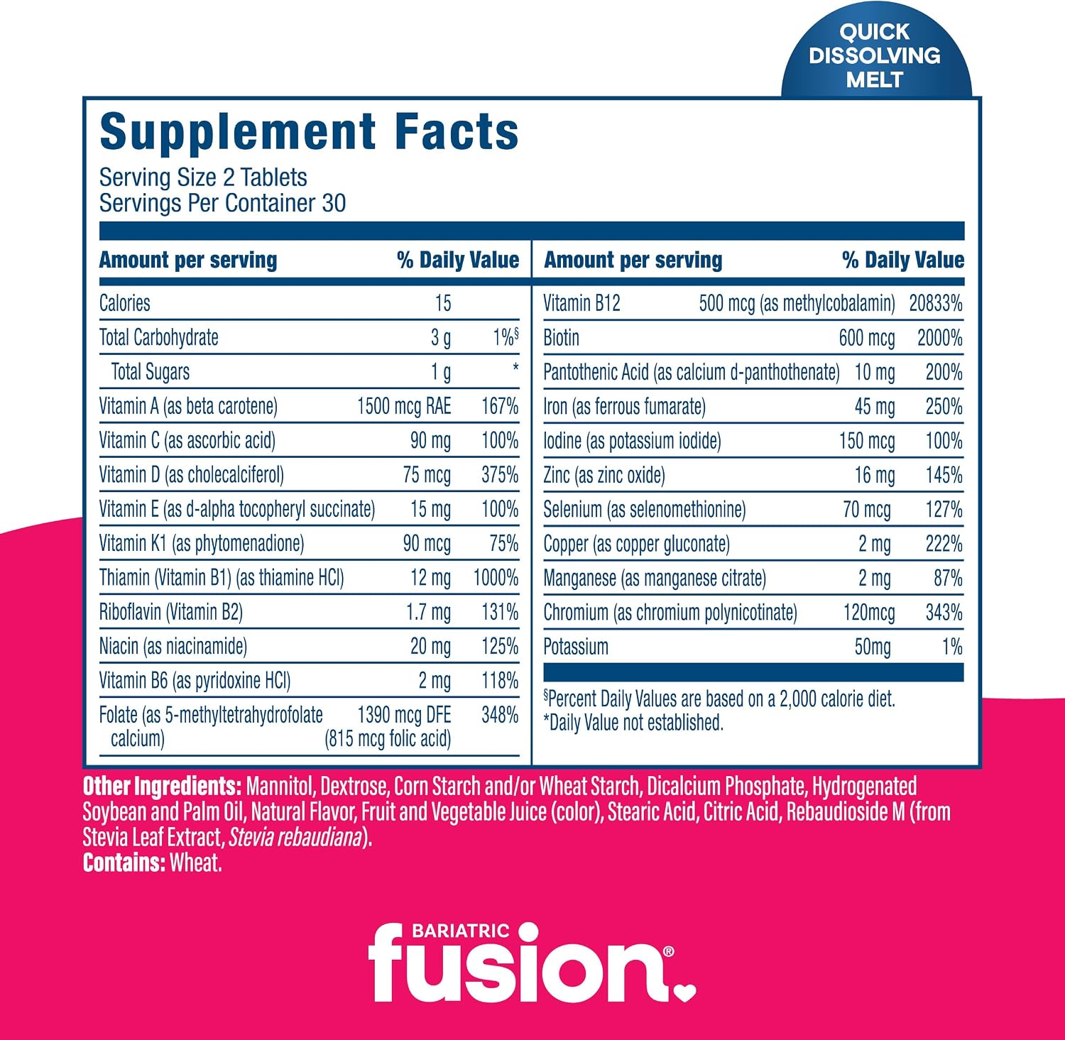Bariatric Fusion Multivitamínico bariátrico con hierro Quick Melt Vitaminas sin azúcar para manga gástrica y bypass gástrico Sabor a bayas