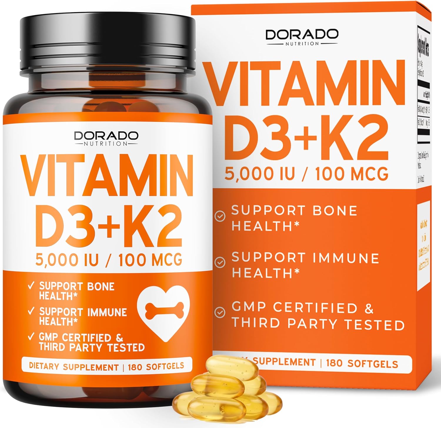 Suplemento de vitamina D3 K2 (180 cápsulas blandas) Vitamina D3 K2 5000iu/100mcg - Suplemento con D & K - Apoya la salud ósea e inmune para adultos