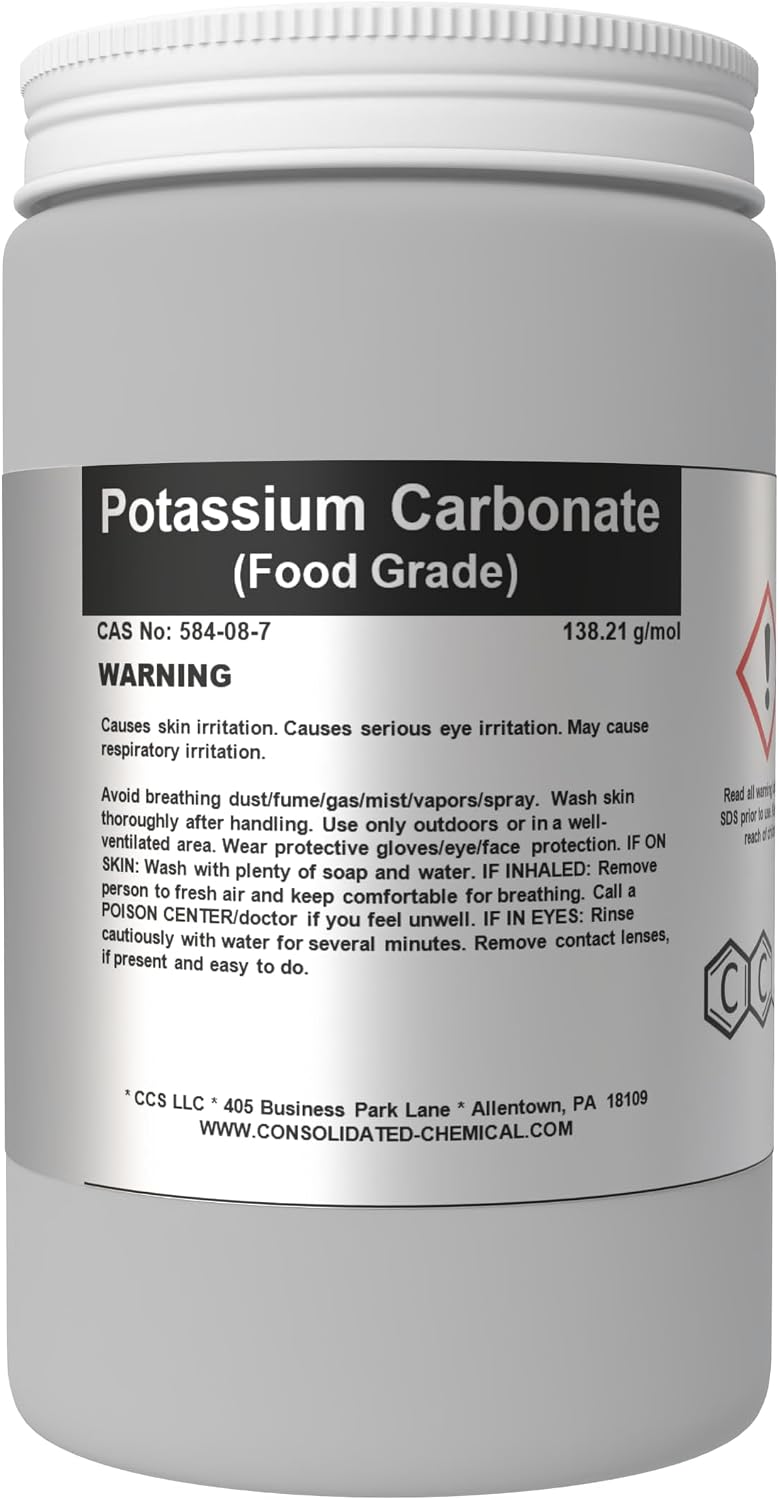 Carbonato de potasio (grado alimenticio E501) Kosher y Halal - 1KG (2.2 LB)