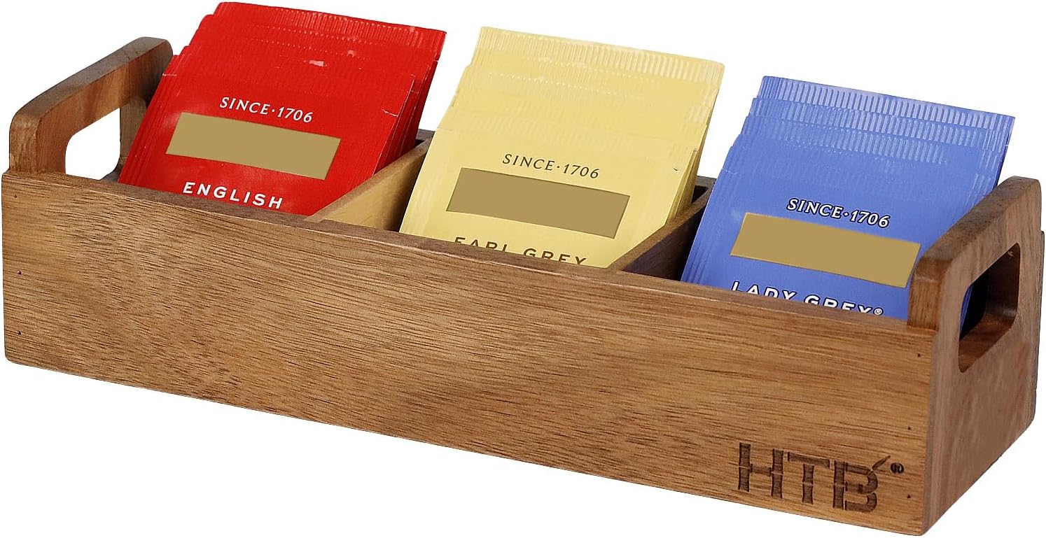 HTB Caja de té pequeña de madera de acacia con 3 compartimentos para cajón Madera de acaica 1PCS