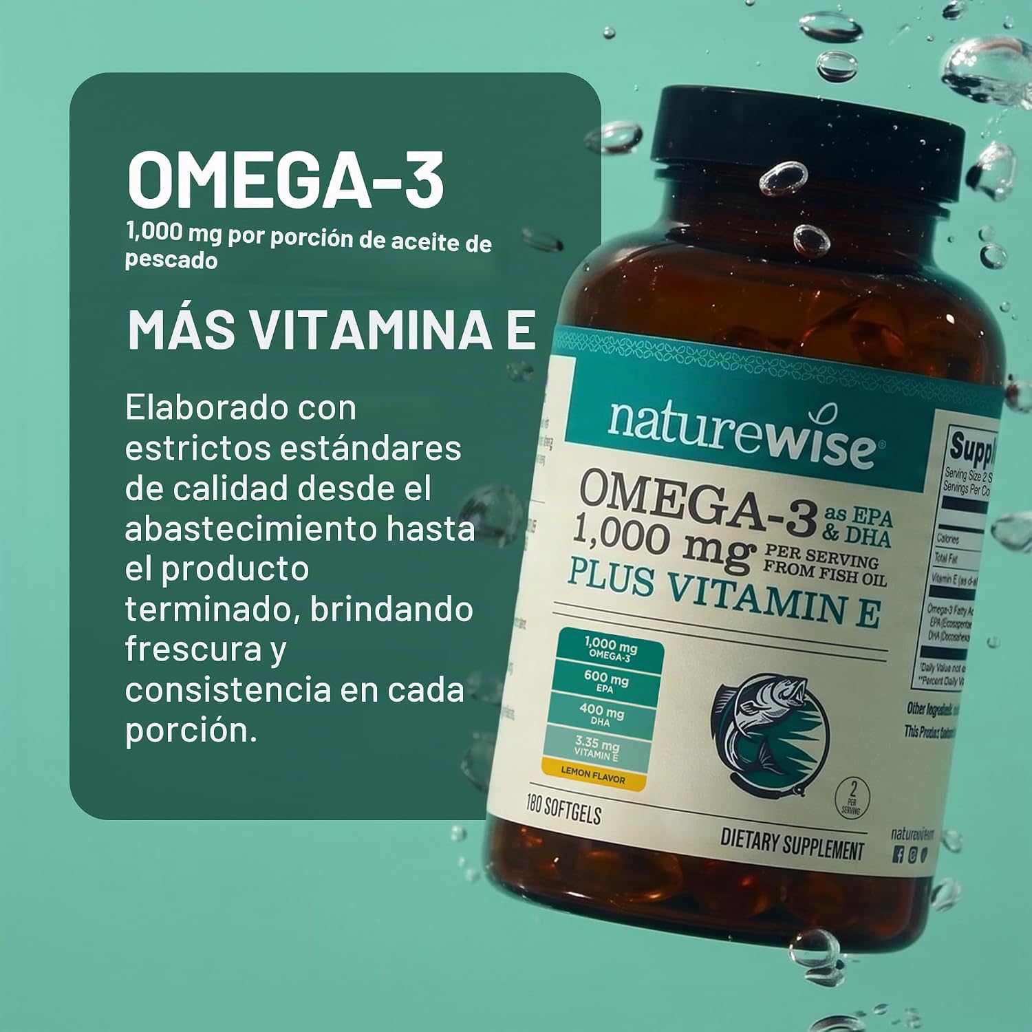 NatureWise Suplemento de aceite de pescado Omega 3 extra fuerte – 1000 mg por porción – 600 EPA y 400 DHA y vitamina E – Apoyo para la salud