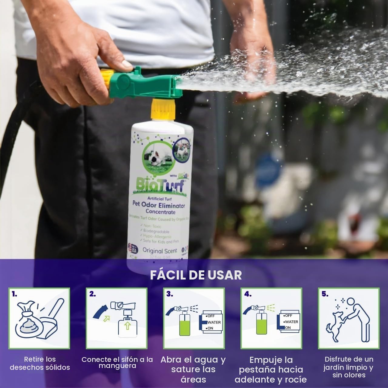 BioTurf BioS+ Limpiador de césped artificial para orina de mascotas al aire libre – Eliminador de olores de mascotas para limpiador de orina