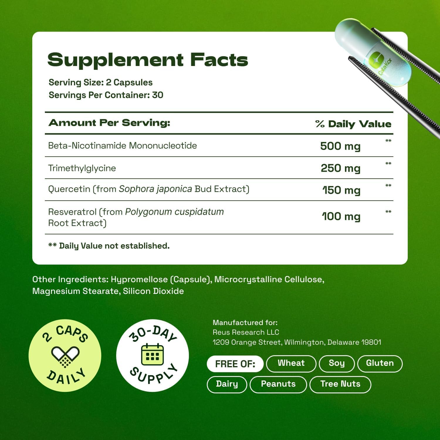 2. Cata-Kor Suplemento NMN de 1000 mg y complejo AKG de calcio - Suplemento de apoyo NAD+ con TMG, quercetina y MSM, ácido hialurónico y biotina