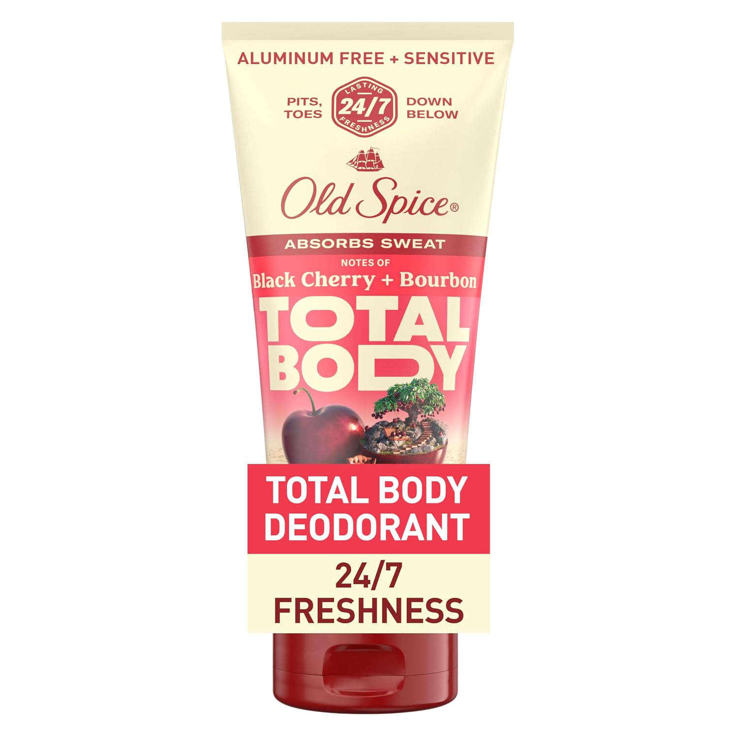 Old Spice Crema desodorante para todo el cuerpo para hombres, sin aluminio, cereza negra + aroma a borbón, protección contra olores 24/7, frescura
