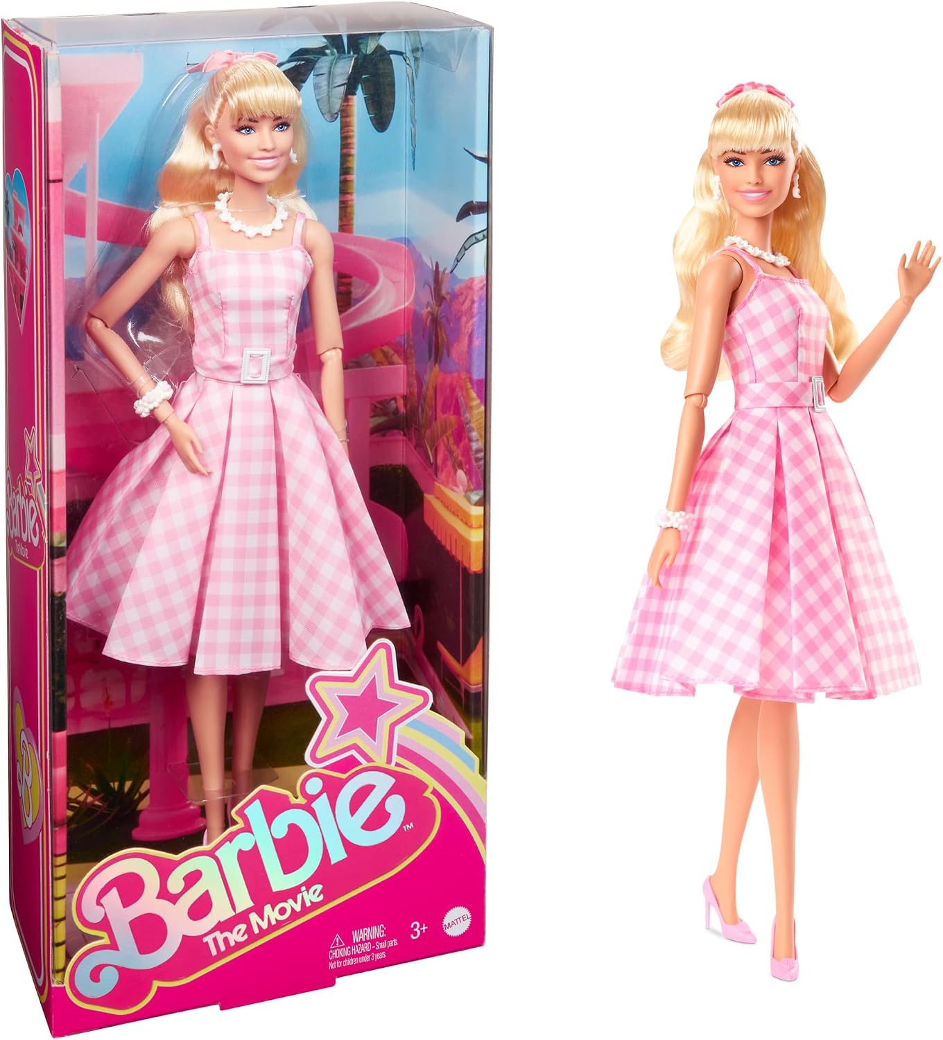 Barbie La muñeca de The Movie, Margot Robbie como Barbie, muñeca coleccionable con vestido de guinga rosa y blanco con collar de cadena de margaritas