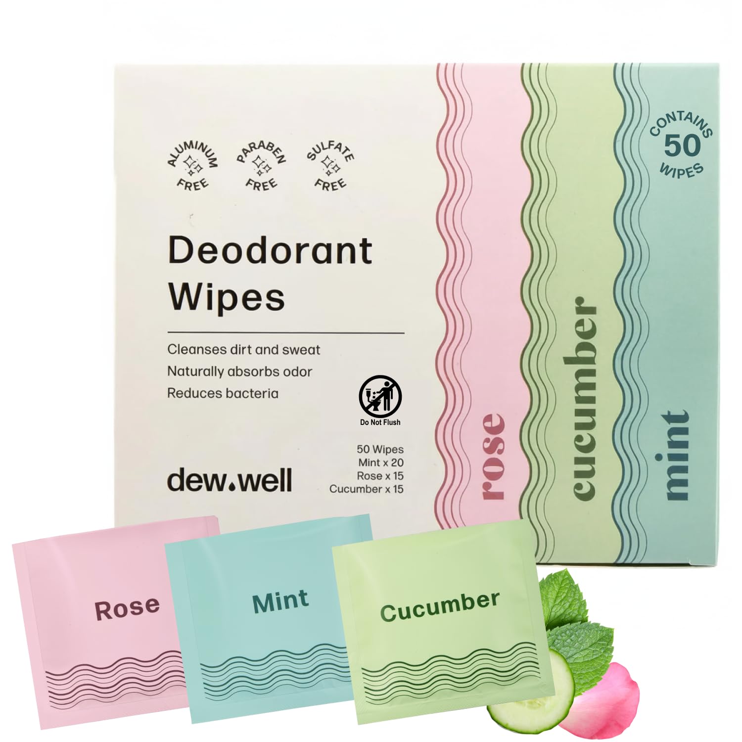 6. Toallitas desodorantes Dew Well - Toallitas de viaje envueltas individualmente - Artículos de aseo de viaje - Fórmula desodorante natural - 50