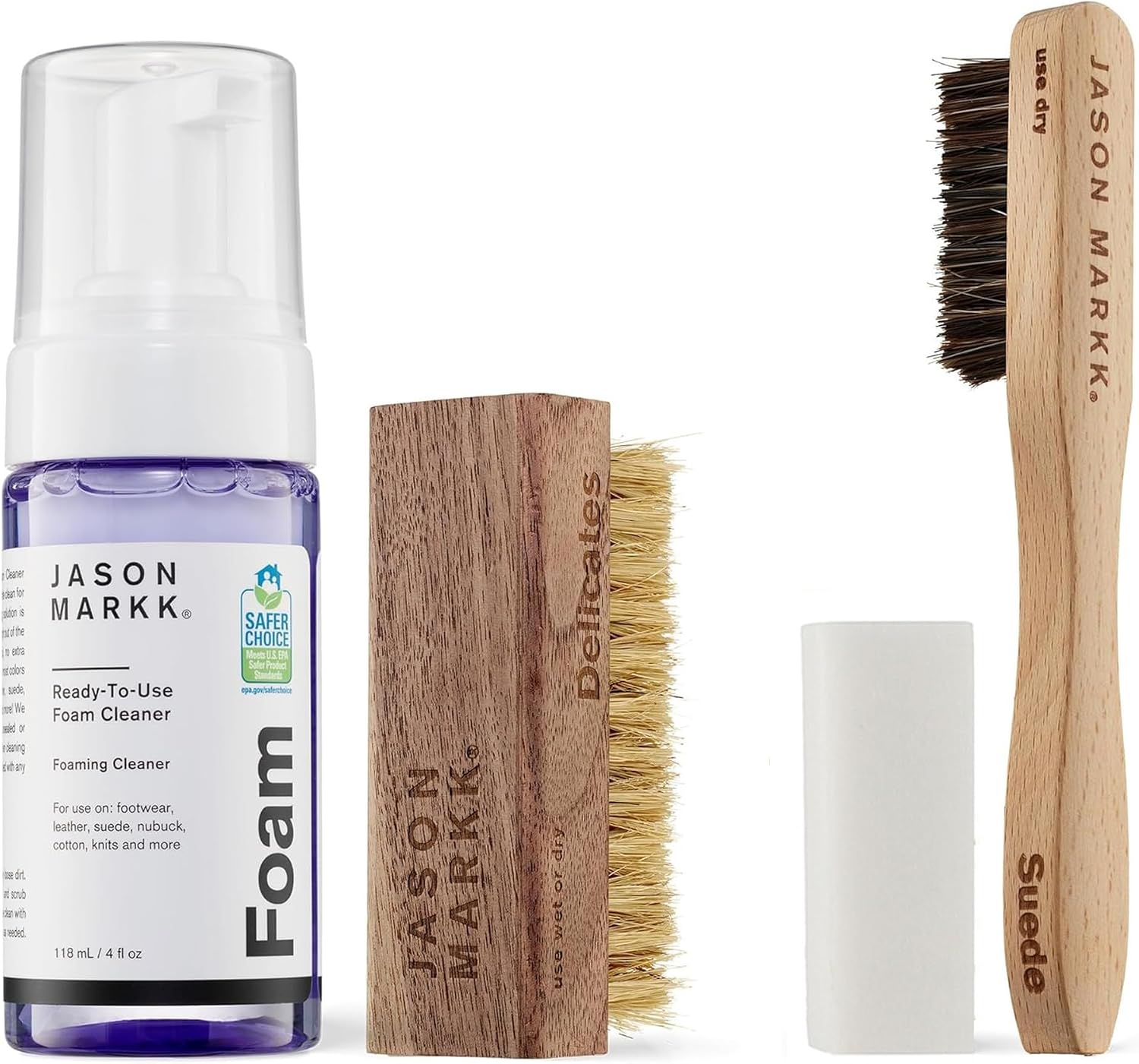 Jason Markk Quick Clean & Suede - Kit de limpieza de 4 piezas, cepillo de gamuza y borrador de manchas, espuma lista para usar y cepillo delicado