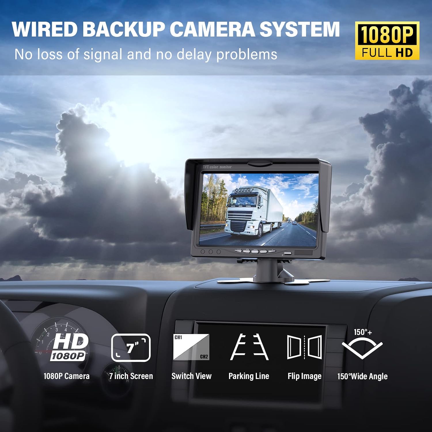 Cámara de respaldo RV con cable, monitor IPS 1080P de 7 pulgadas