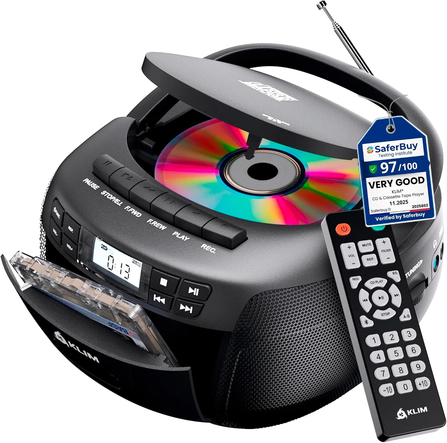 5. KLIM Reproductor de CD y Reproductor de Cinta de Casete con Estuche, Boombox Bluetooth, Radio AM/FM, Sonido Estéreo, Control Remoto, Combo de CD