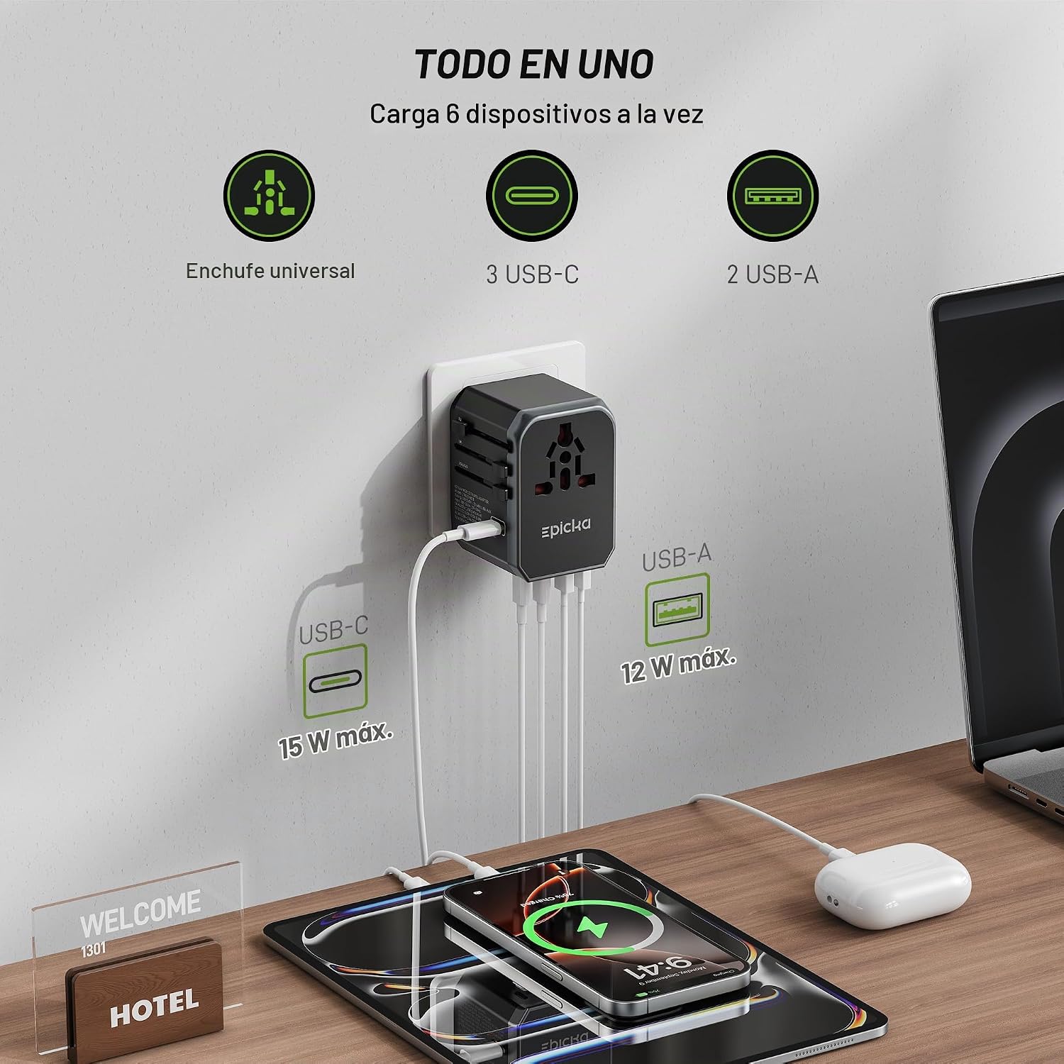 EPICKA Adaptador de viaje universal, adaptador de enchufe de viaje europeo (no un convertidor de voltaje), adaptador de corriente internacional