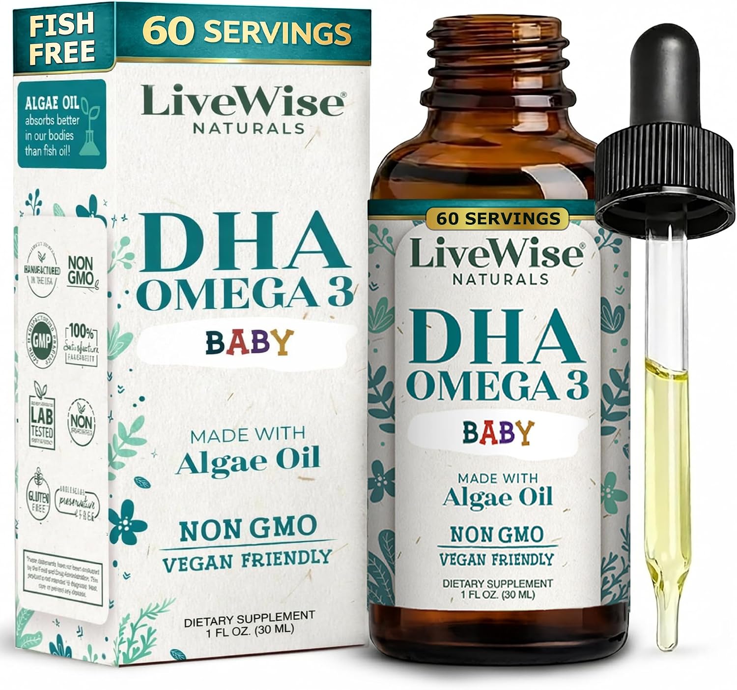 Omega 3 DHA Baby Drops Vegan Liquid Omega 3, 60 porciones, 1 oz
