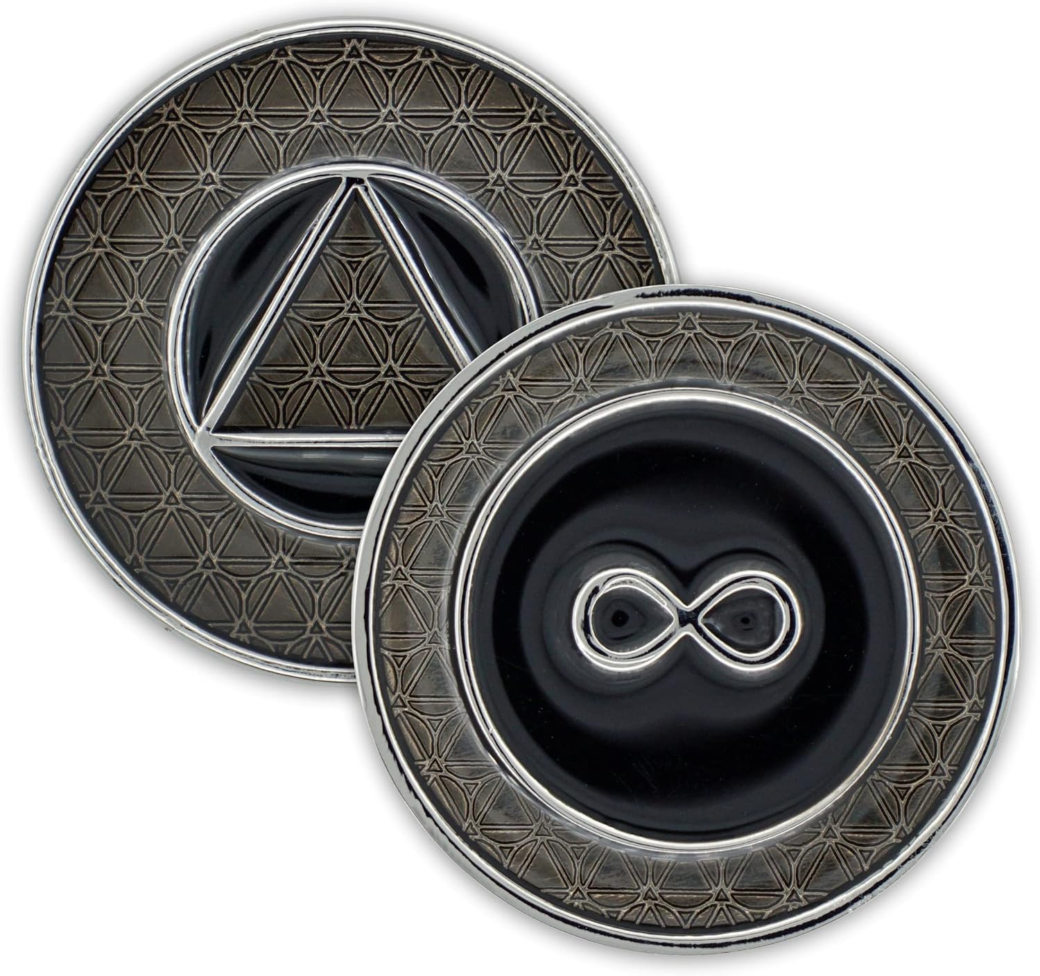 The Token Shop Moneda de sobriedad 3D Infinity Medallón de chip AA, 1.339 in x 0.118 in Símbolo anónimo de alcohólicos negros y plateados, regalo