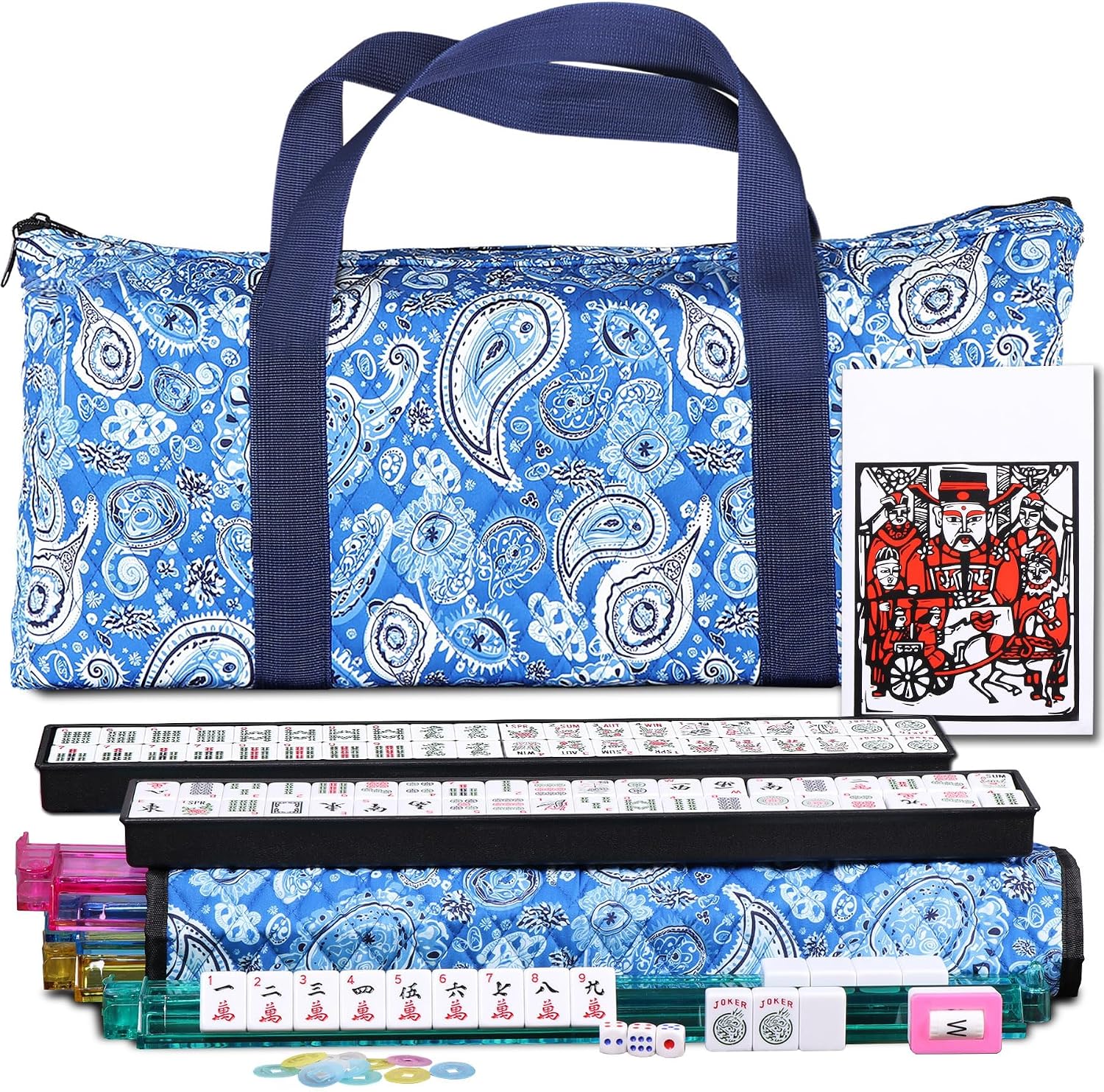 21. F2C American Mah Jongg Mahjong - Juego de 166 fichas, 4 colores todo en uno estante/empujadores, bolsa suave roja de paisley y accesorios - Juego