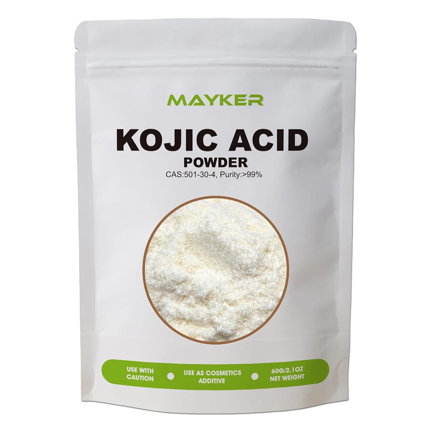 MAYKER Polvo de Ácido Kójico Puro 60 g (2.1 oz), Grado Cosmético, Ingrediente Natural y Versátil para el Cuidado de la Piel para Hacer Jabón