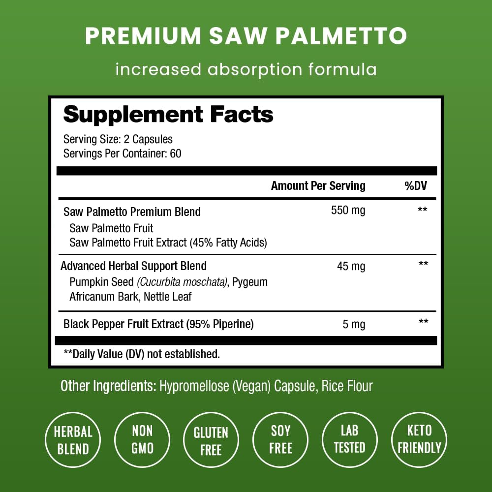 NutraChamps Suplemento de Saw Palmetto para la salud de la próstata [fuerza extra] Complejo de 600 mg con extracto, polvo de bayas y hierbas, apoya