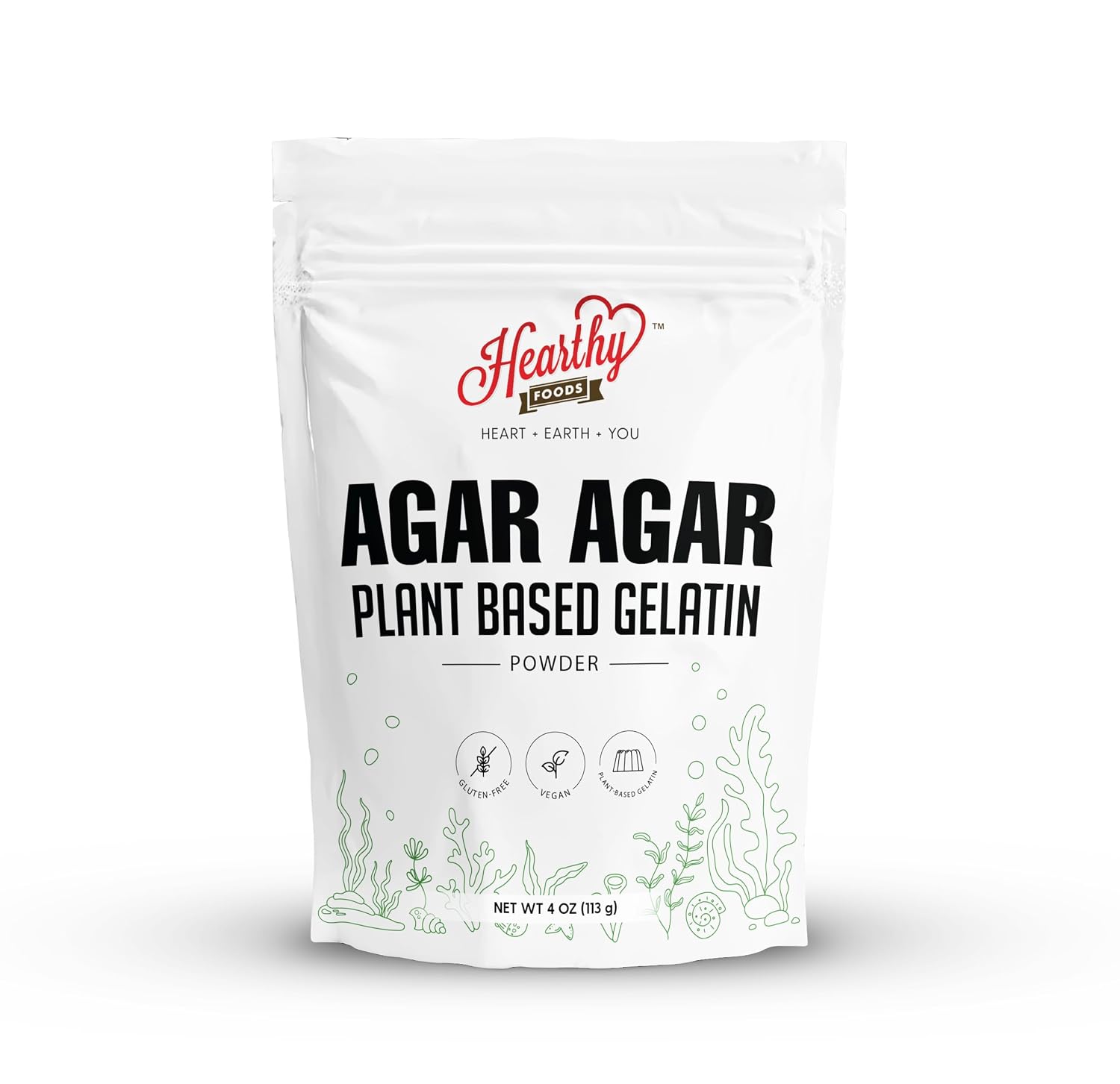 Hearthy Foods Agar Agar en polvo (4 onzas) Sustituto de gelatina vegano, certificado Halal, Kosher, sin gluten, sin OMG, 100%, sin azúcar, Kosher
