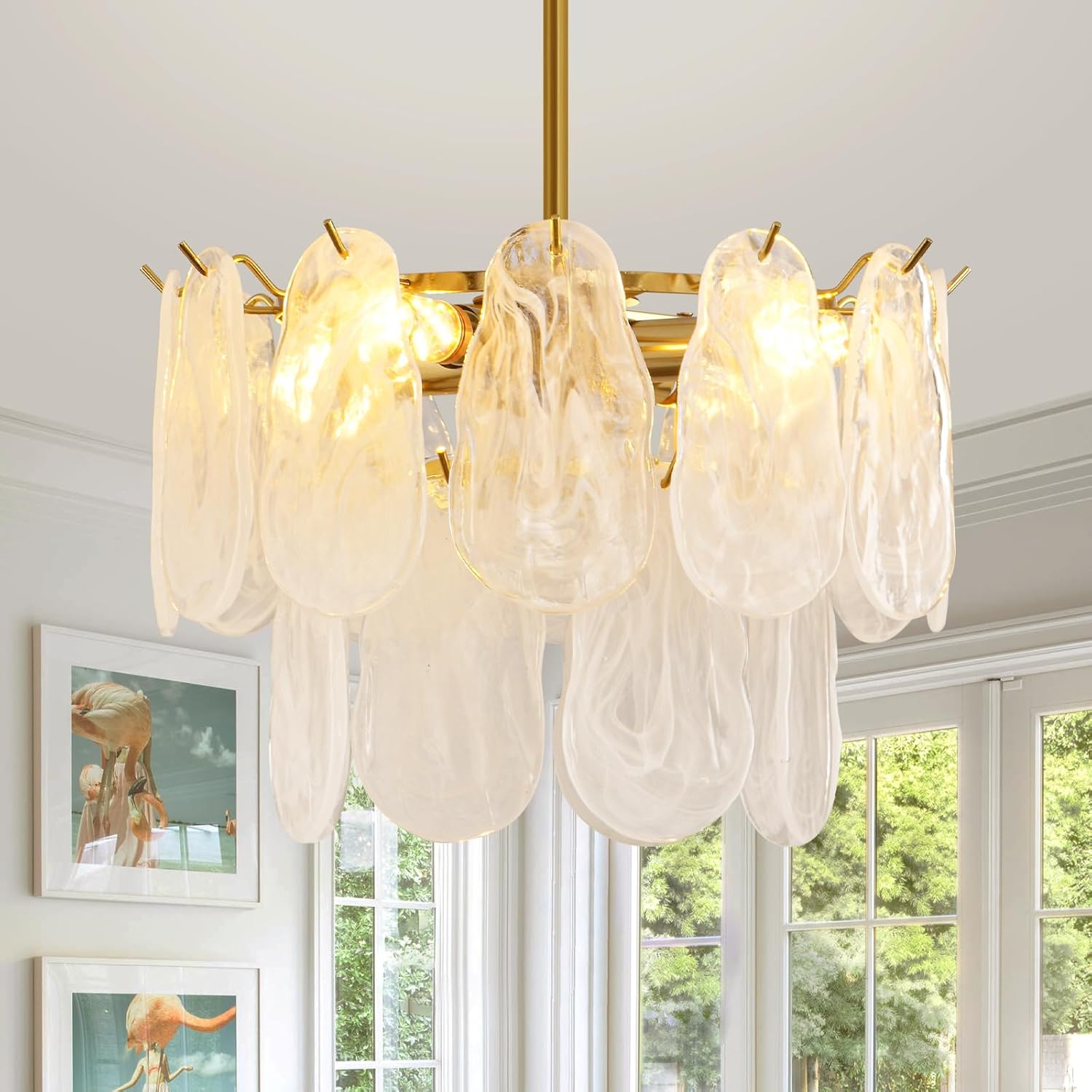 23. Candelabros modernos de vidrio en forma de nube dorados, lámpara colgante creativa de cristal de 15.7 pulgadas, lámpara de araña de lujo de 2