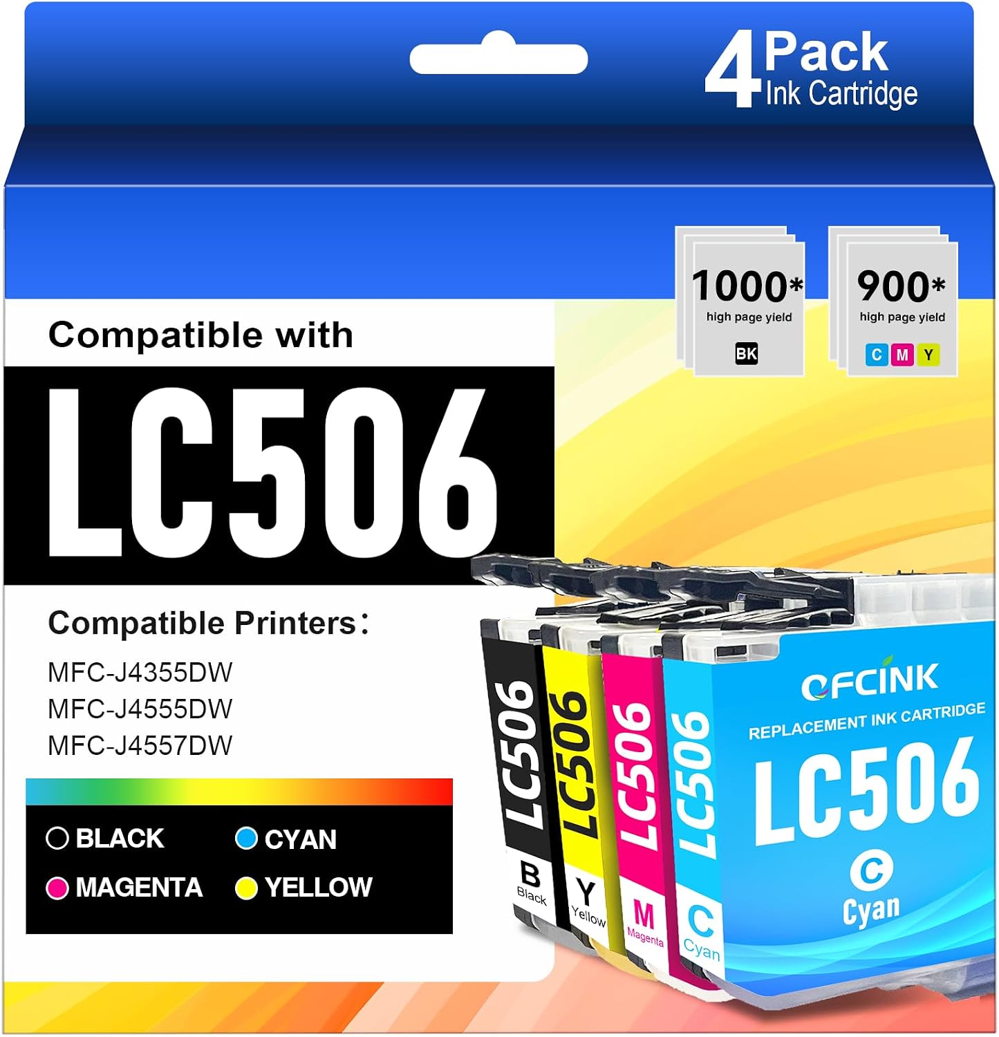2. LC506 - Paquete de 4 cartuchos de tinta de repuesto para impresoras Brohter LC 506 506 de alto rendimiento para impresoras Brohter INKvestment 4355