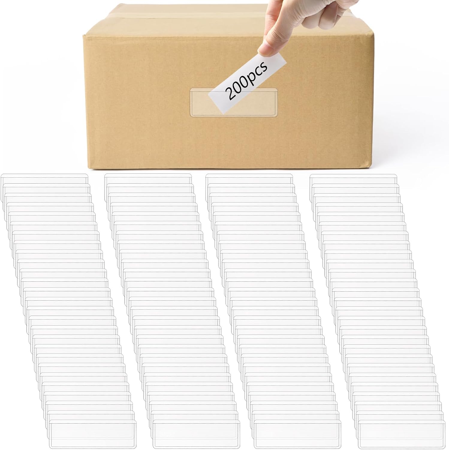 Hedume Paquete de 200 soportes para etiquetas, etiqueta adhesiva transparente de 3 x 1 pulgada, bolsillos para tarjetas de índice de PVC, etiqueta
