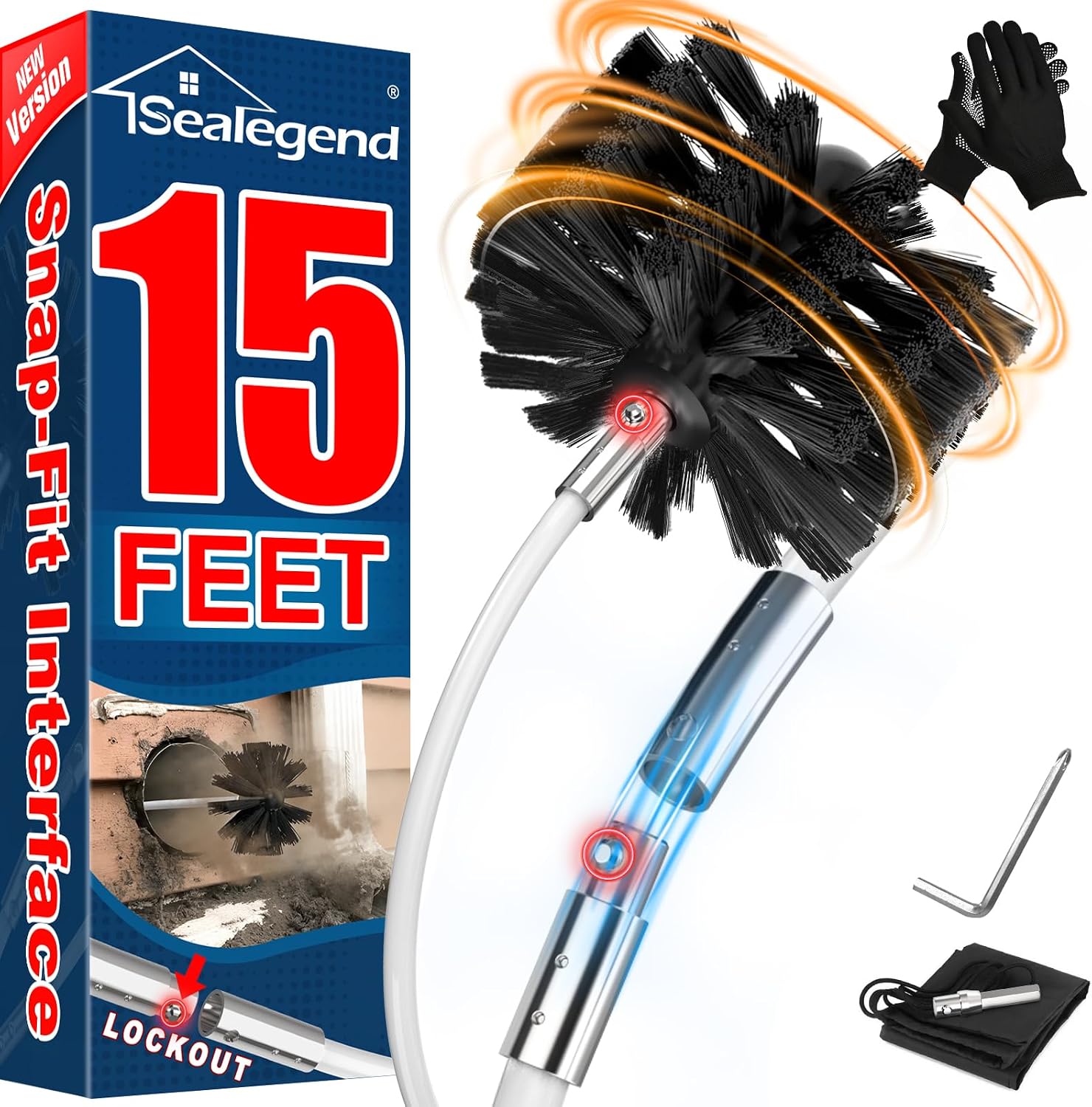 Sealegend - Kit de limpieza para tubo de ventilación de secadora de 15 pies/Removedor de pelusa/Cepillo flexible actualizado de enganche rápido