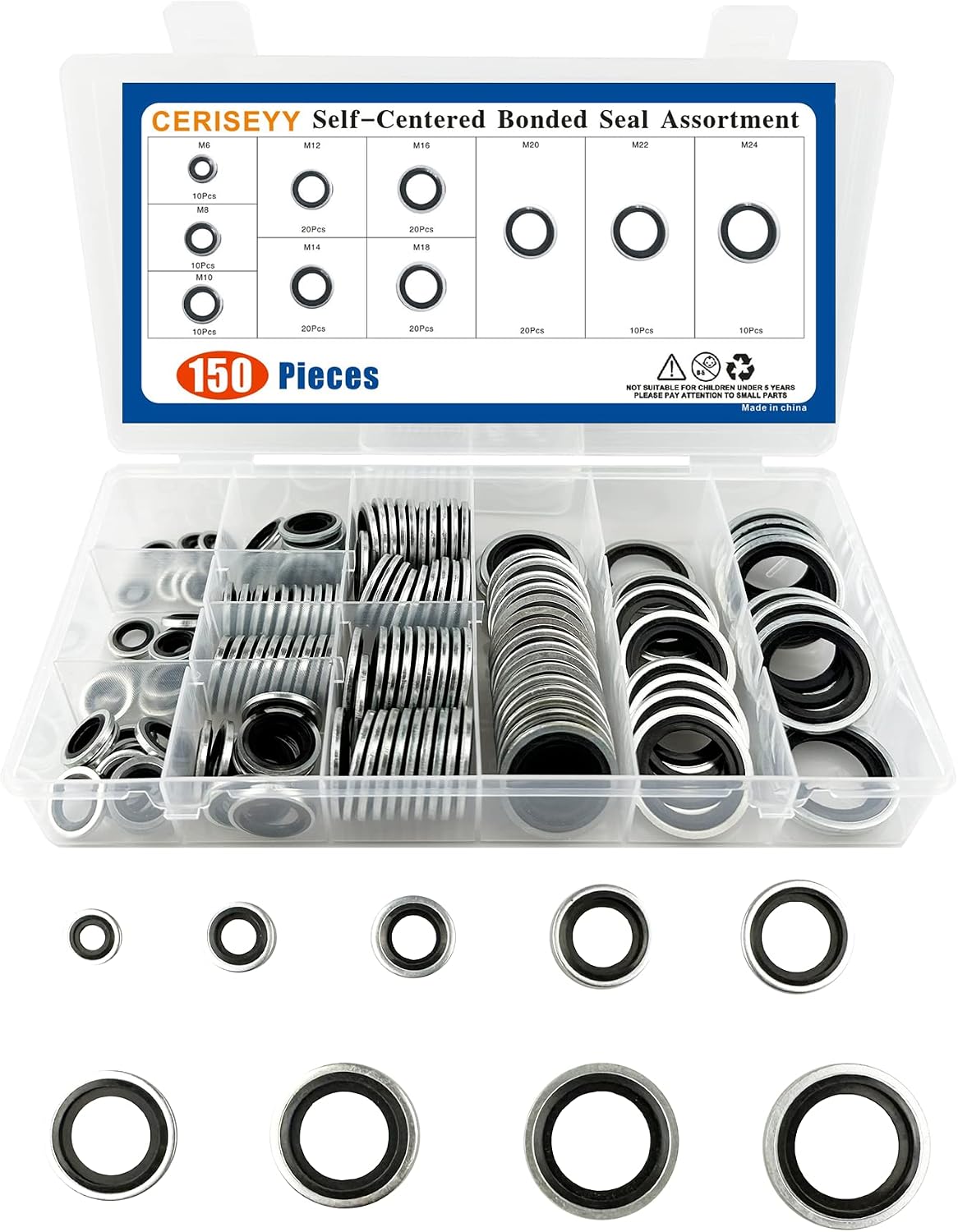Kit surtido de juntas de sello unido autocentrado automotriz, 150 piezas, kit surtido de arandelas de aceite de sello unido (150 piezas)