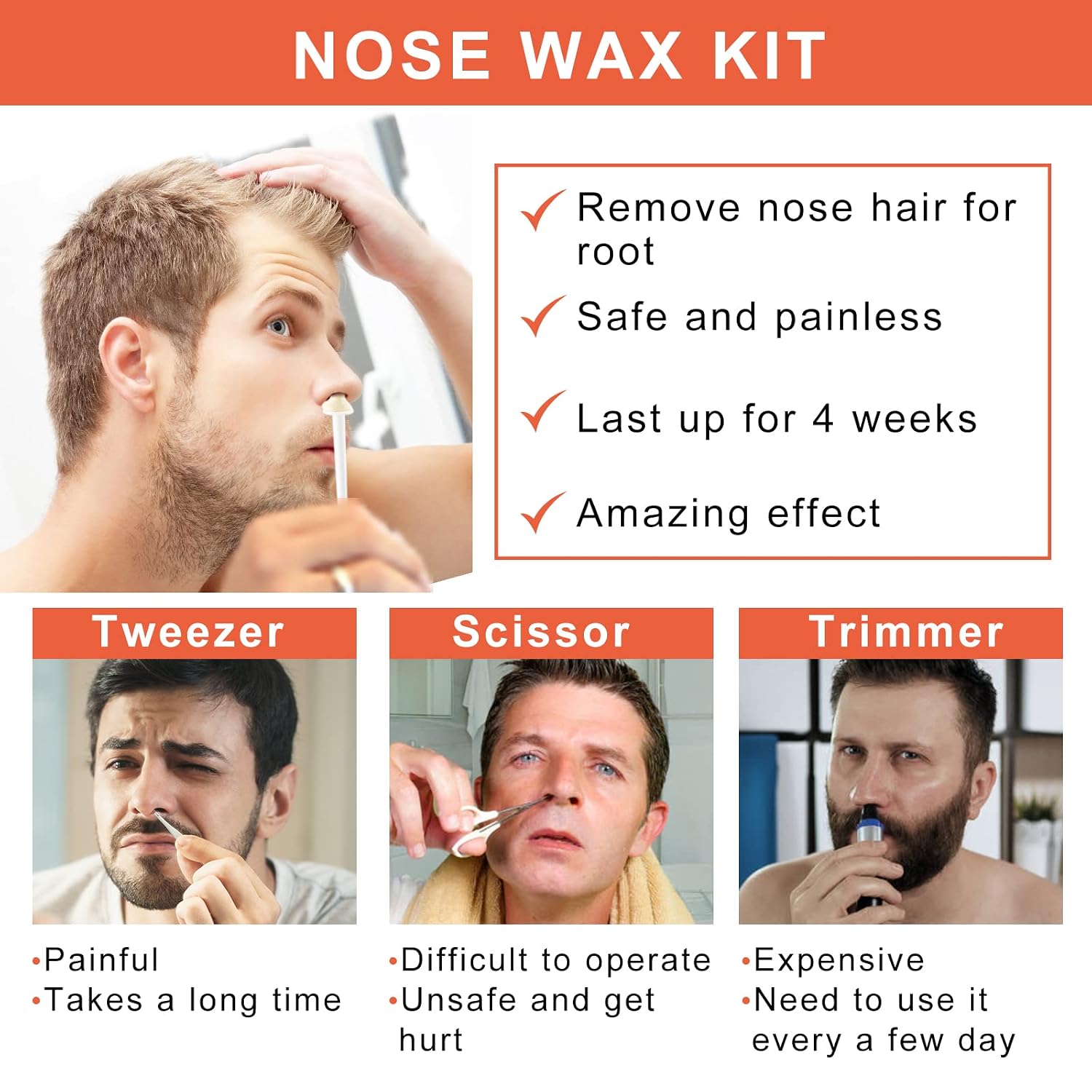 Kit de cera para el cabello de nariz y orejas para hombres y mujeres, 3.53 onzas de cera con 20 aplicadores, solución segura para el cuidado