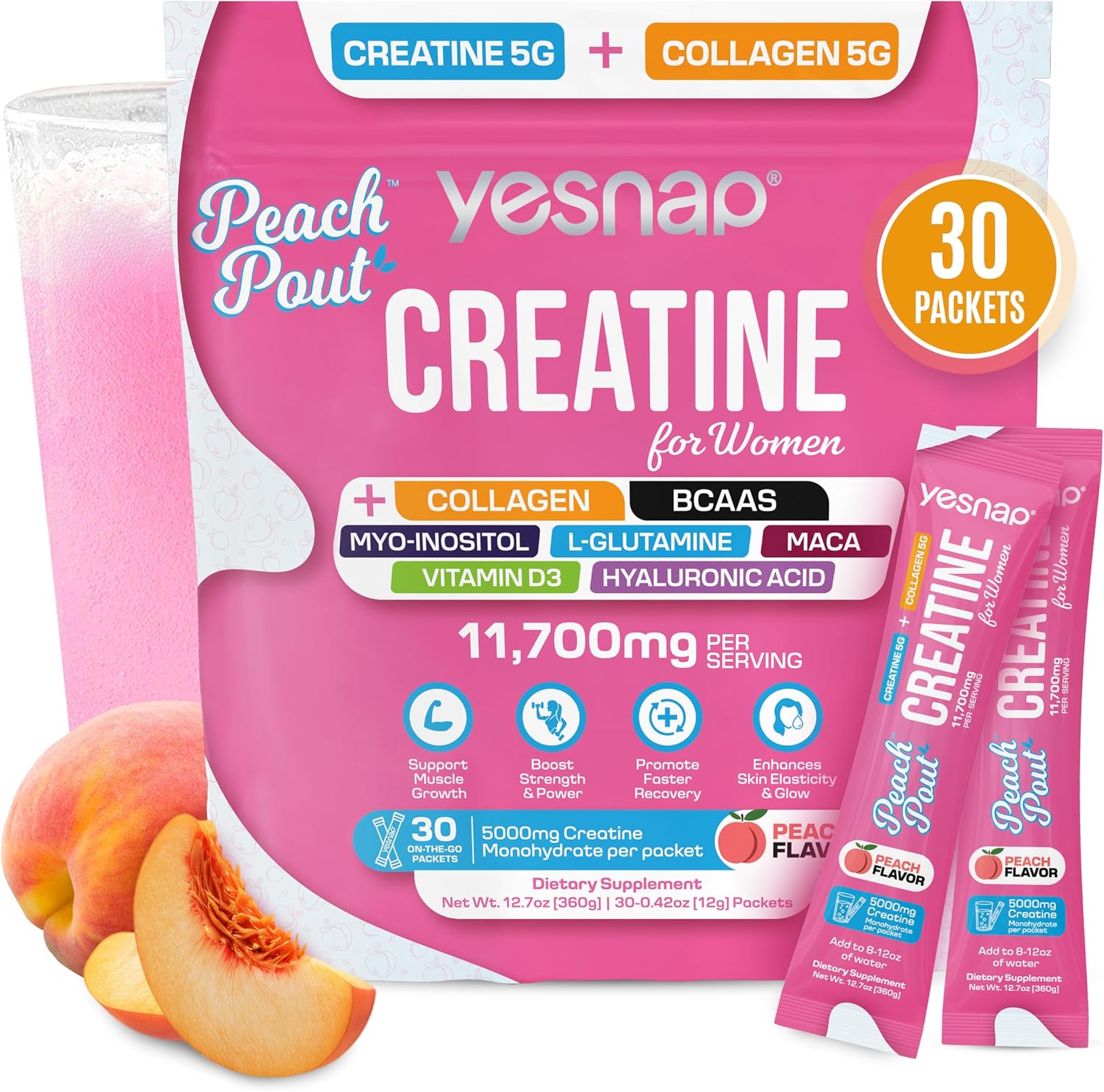 Creatina para mujer – Monohidrato de creatina micronizada en polvo con colágeno, BCAA, mio-inositol y vitamina D3 – Crecimiento muscular, fuerza