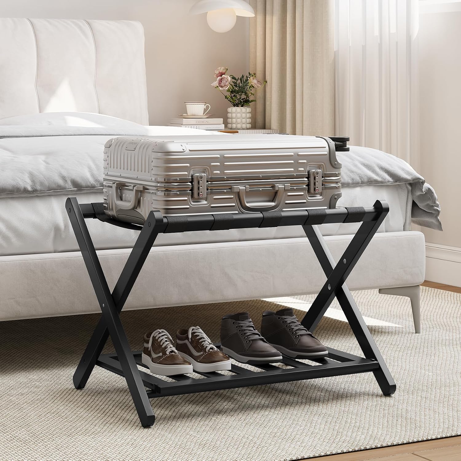 22. Smart FENDEE Portaequipajes negro totalmente montado, soporte para maleta con estante para zapatos, soporte de equipaje plegable de madera