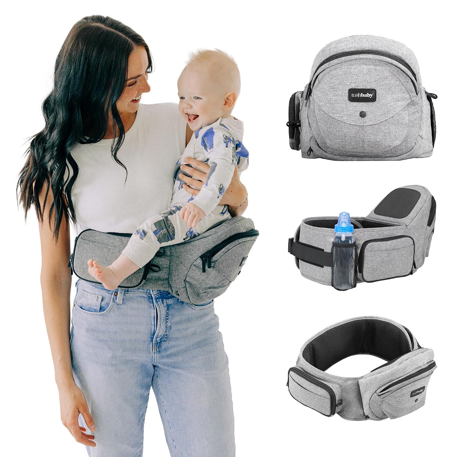 Tushbaby - Portabebés de cadera original para bebés y niños pequeños, certificado seguro, diseño ligero, almacenamiento integrado, soporte de Gris